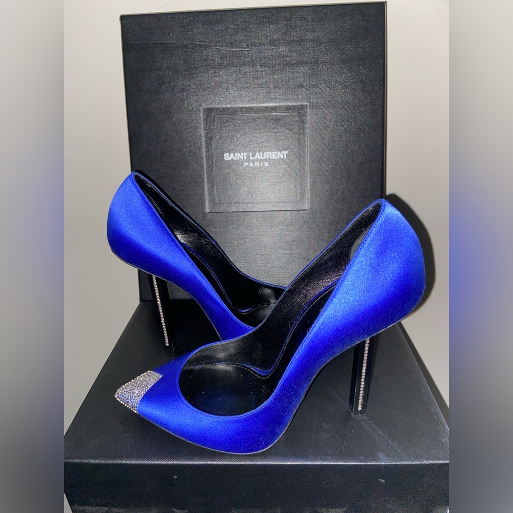 Saint Laurent Tower Crystal Cap-Toe Heels in Blue Satin